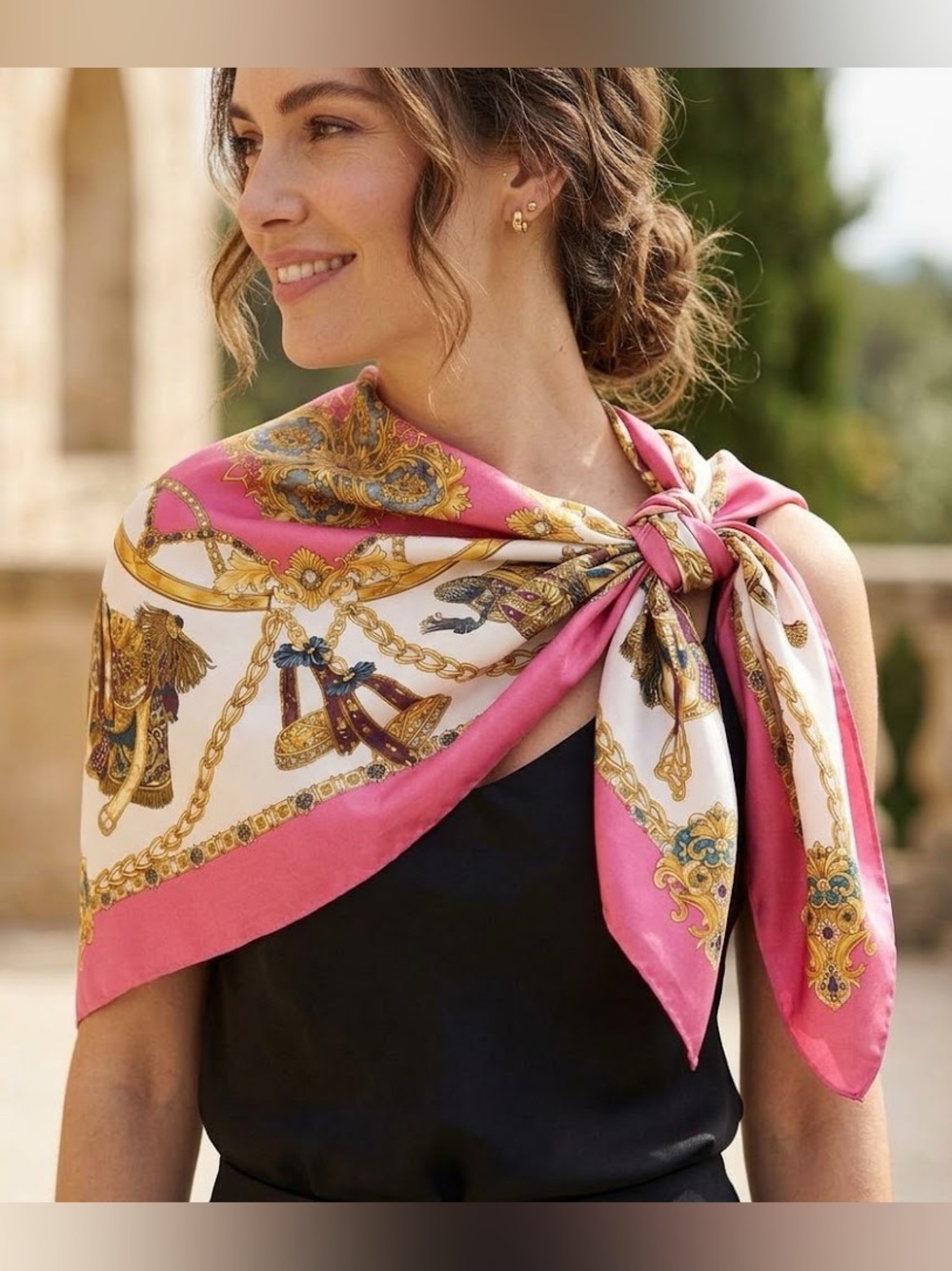 Pink and Gold Baroque Silk-Style Scarf Wrap